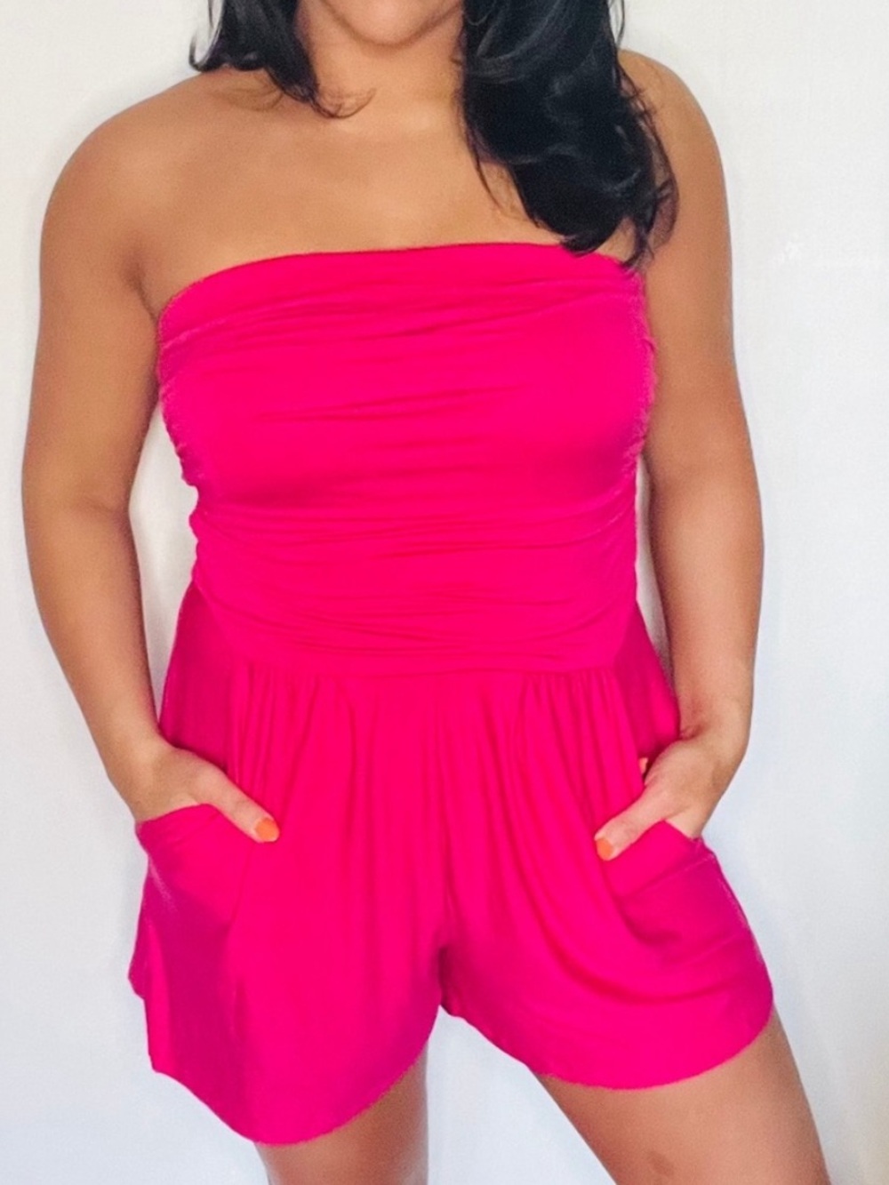 Bright Pink Strapless Romper w/pockets